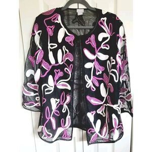 Chico's 1 Mesh Floral Embroidered Jackets Size Medium Purple‎ Black White